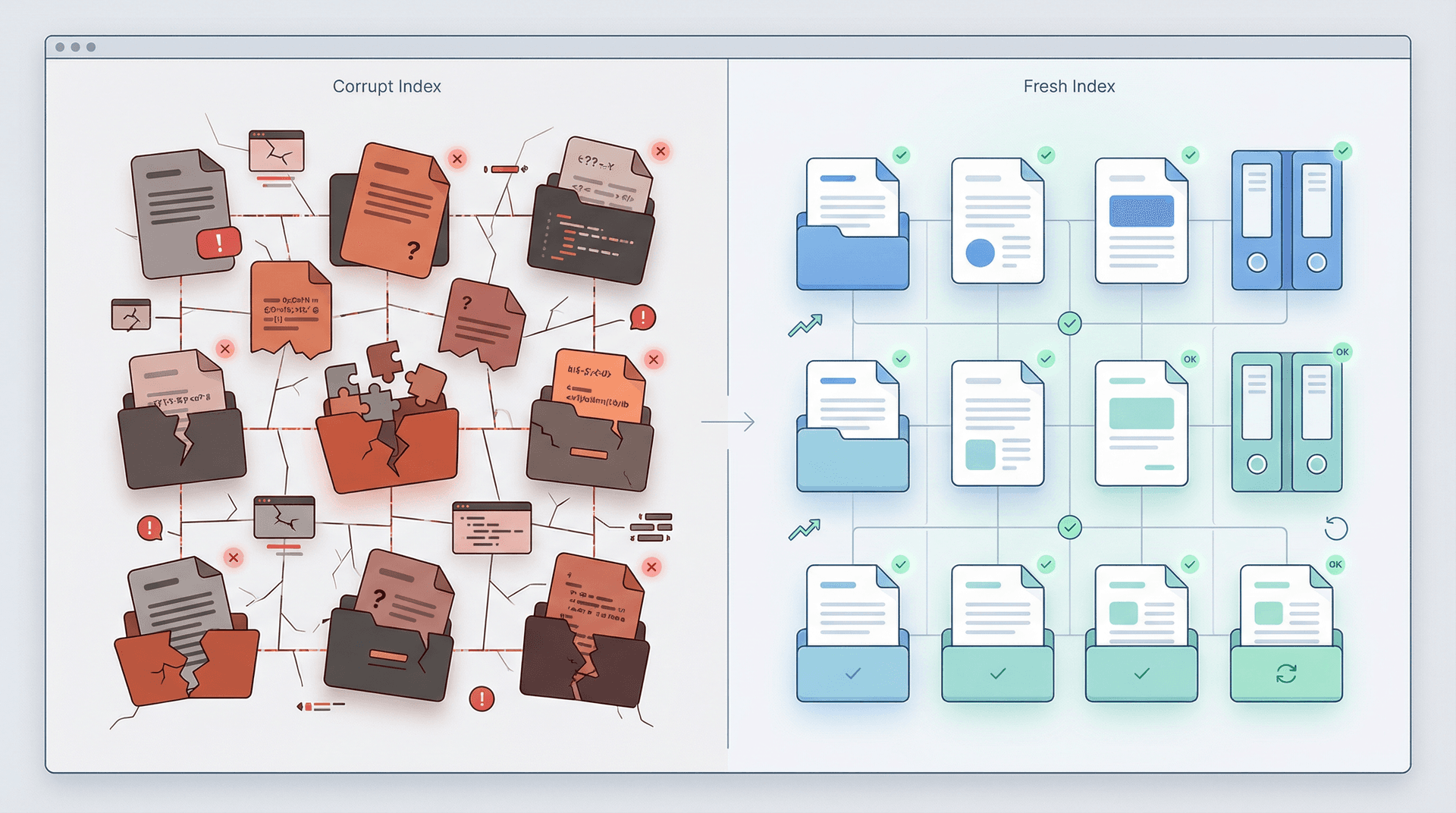 Split panel illustration showing a corrupt broken search index on the left versus a clean rebuilt index on the right
