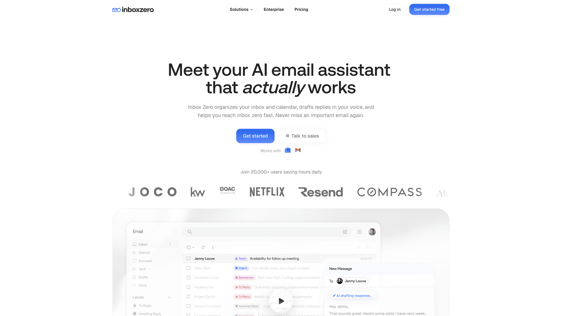 Inbox Zero homepage with "Meet your AI email assistant" headline, social proof logos, and product dashboard preview