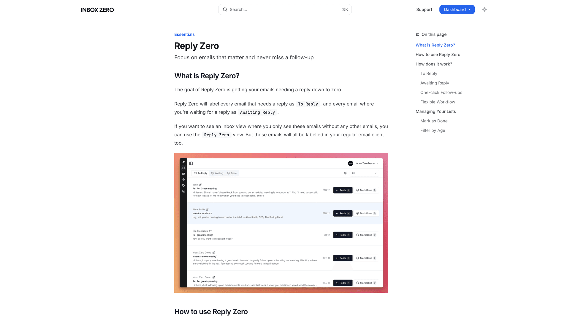 Inbox Zero Reply Zero documentation with real product UI and workflow