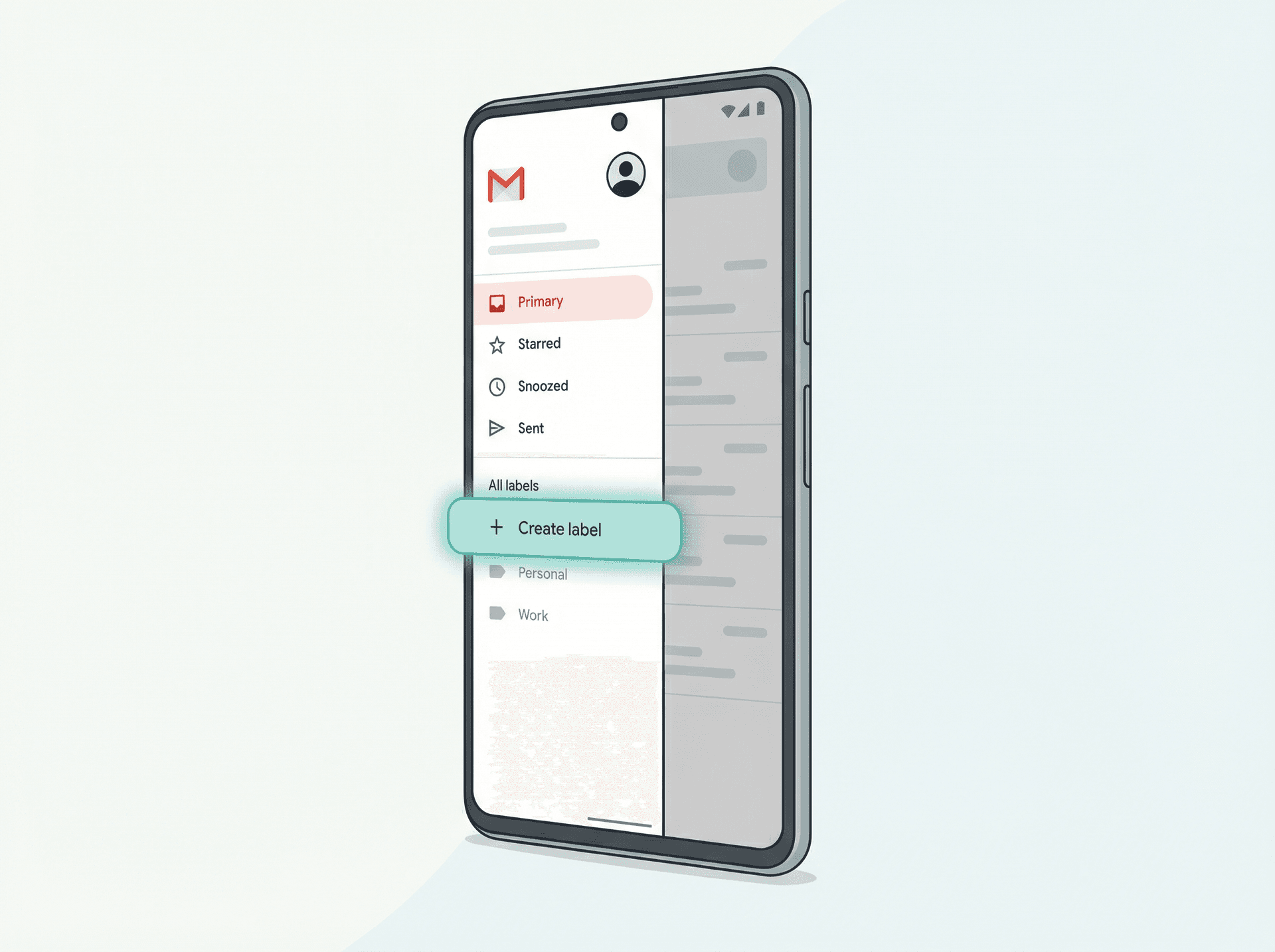 Gmail Android app showing the left navigation drawer with the Create label option highlighted under All labels