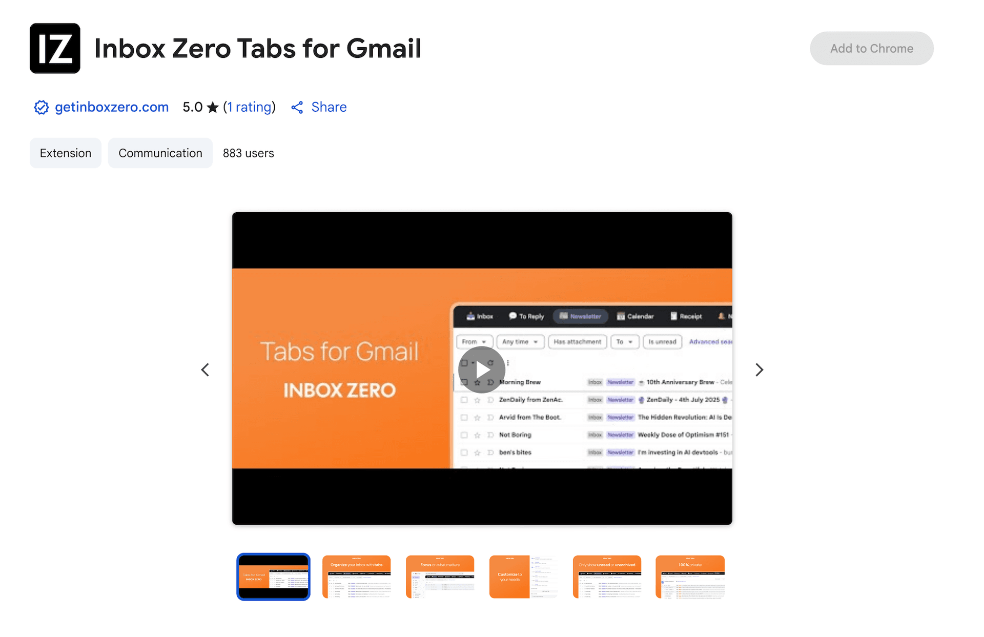 Inbox Zero Tabs for Gmail Chrome extension showing custom tab organization and privacy-first design